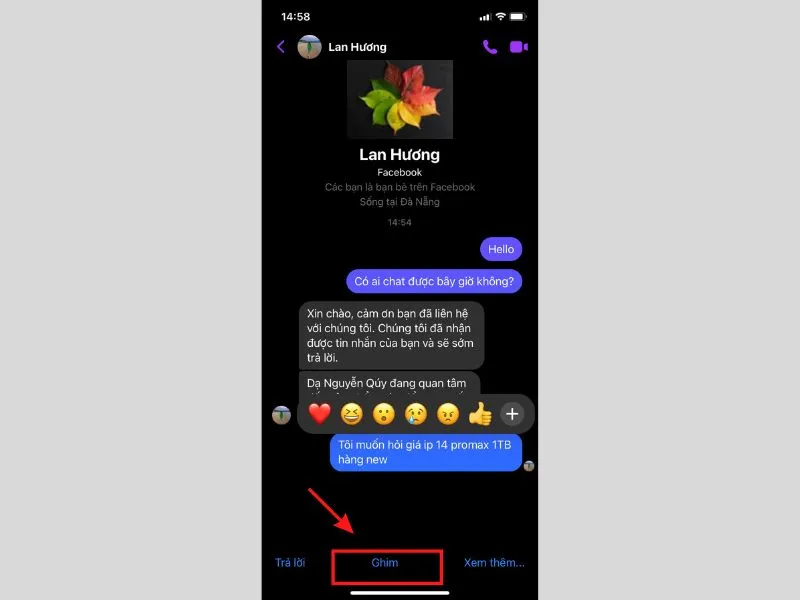 Nhấn Ghim để ghim tin nhắn trên Messenger