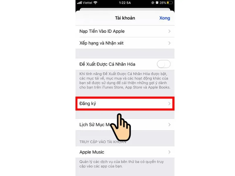 Cách huỷ ứng dụng dùng thử trên iPhone hãy chọn mục Đăng ký tại giao diện chính