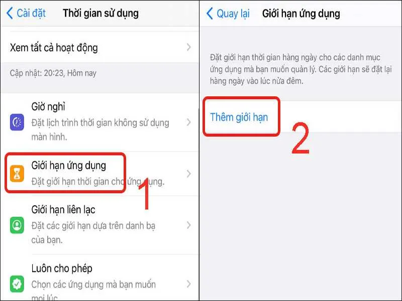 Giới hạn ứng dụng > nhấn chọn Thêm giới hạn