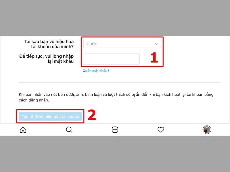 Chọn lý do khóa IG và nhập mật khẩu để xác thực hành động của bạn