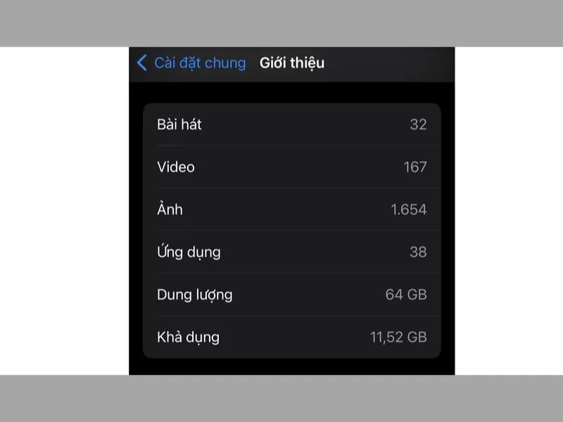 Thông tin dung lượng lưu trữ chung của iPhone