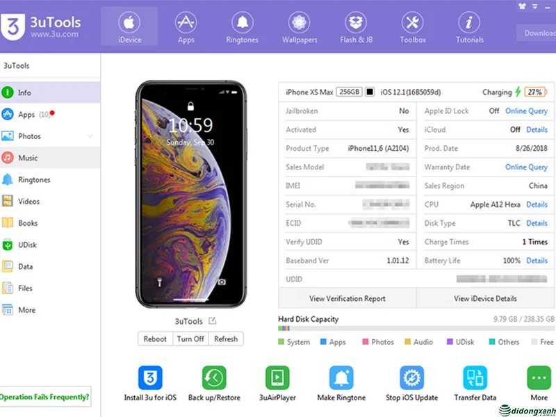 Công cụ 3utools sẽ cho biết tình trạng thay thế sửa chữa máy 