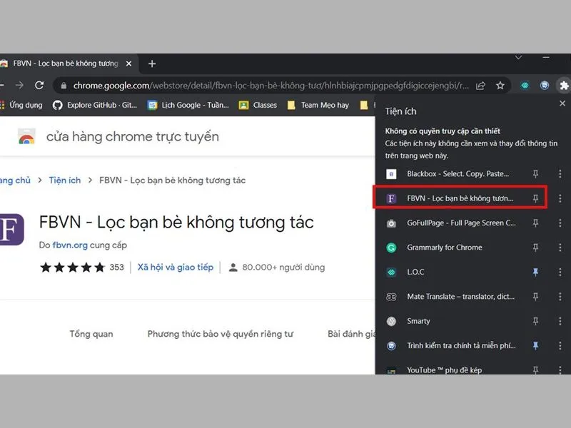 Mở tiện ích FBVN trên trình duyệt và bắt đầu cài đặt