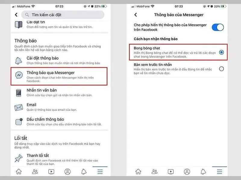  hãy tích vào mục bong bóng chat