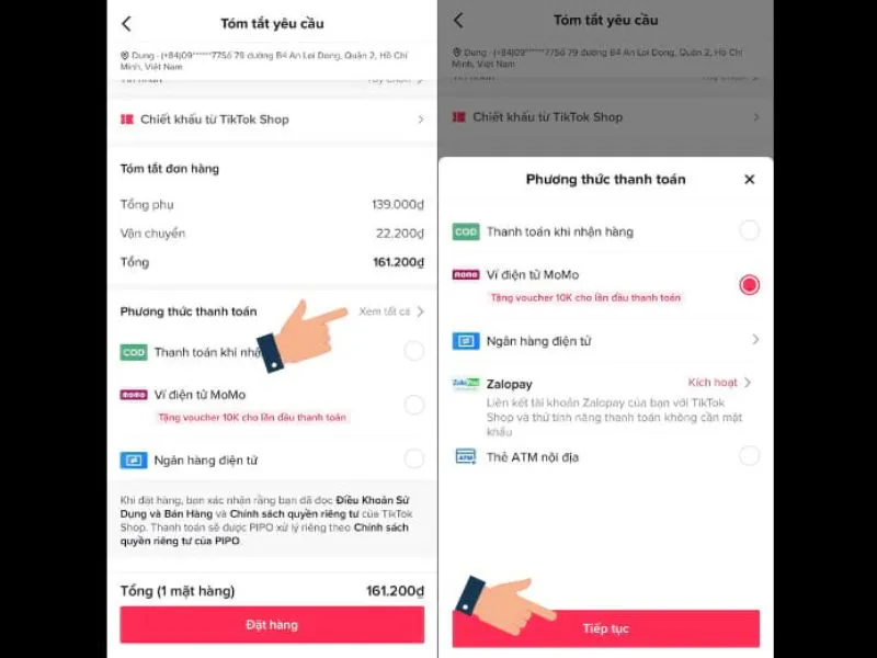 Nhấn chọn phương thức thanh toán phù hợp 