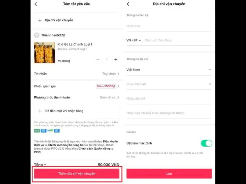 Thêm địa chỉ vận chuyển đơn hàng Tiktok