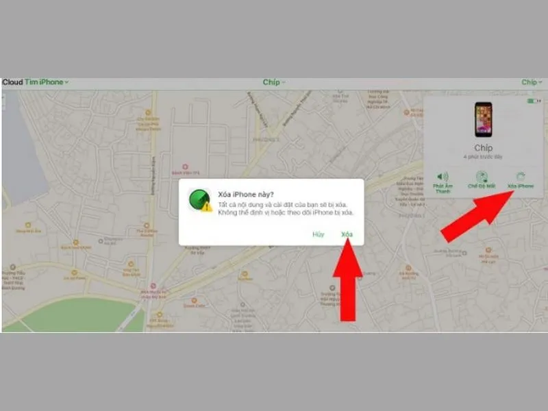 Chọn “Xóa iPhone” nằm góc phải của giao diện màn hình