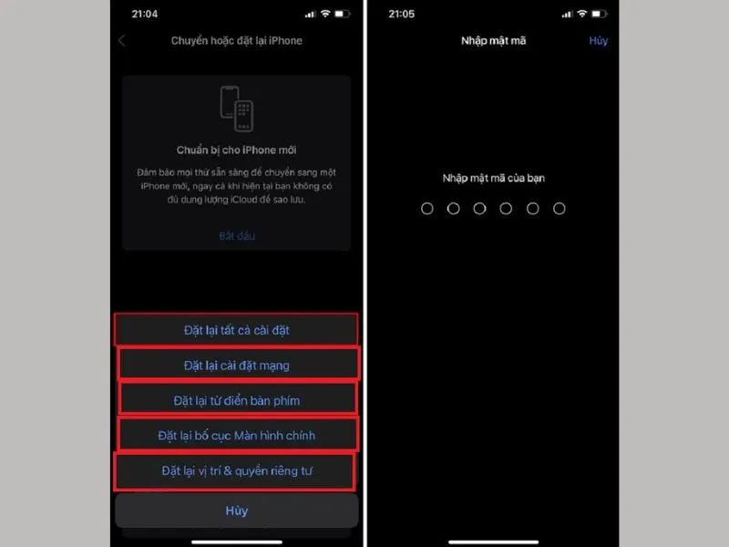 Có rất nhiều mục đặt lại để bạn chọn lựa Cách reset iphone