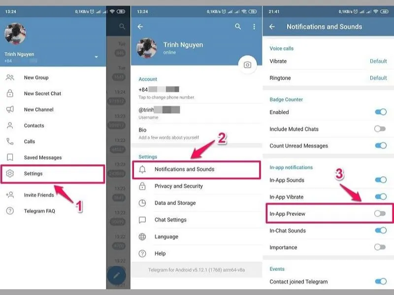 Tắt xem trước tin nhắn Telegram
