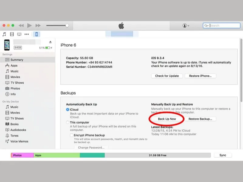 Nhấn Back Up Now để máy tính sao lưu hết những thông tin trong iPhone
