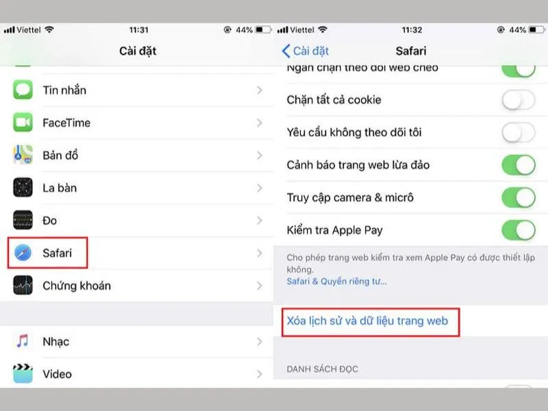 Xóa lịch sử và dữ liệu duyệt web nếu muốn tăng dung lượng cho điện thoại