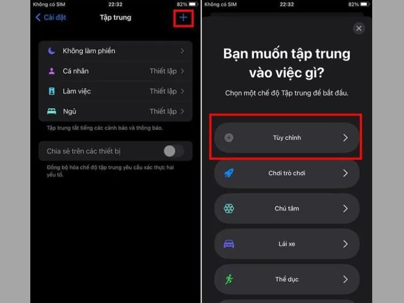 Chọn chế độ tập trung mà bạn muốn