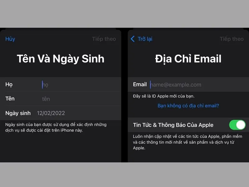 Nhập thông tin cá nhân và tài khoản Email cho iCloud của bạn