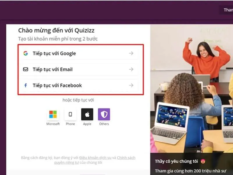Thiết lập tài khoản Quizizz