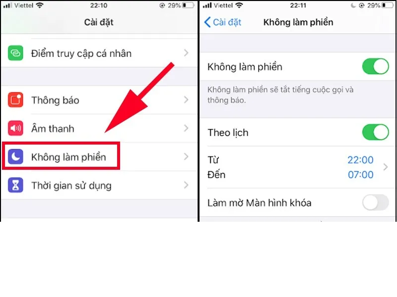 Vào mục “ Chế độ không làm phiền” để tắt âm thanh