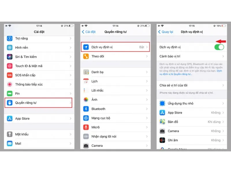 Cách tắt định vị iPhone bằng cách gạt nút màu xanh lá