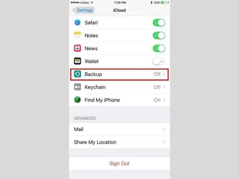 Sao lưu iCloud sẽ bị tắt