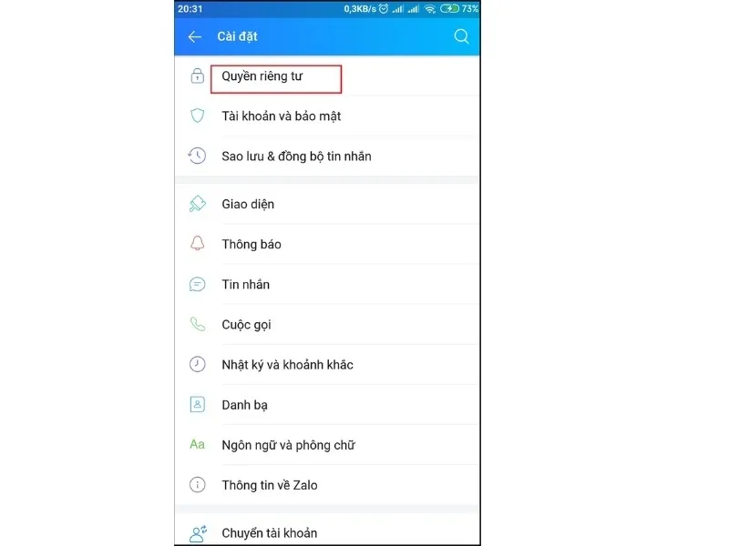 Mục “ Quyền riêng tư” trên ứng dụng Zalo