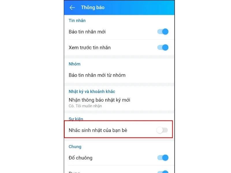 Gạt sang trái là bạn đã tắt được thông báo sinh nhật của bạn bè trên Zalo.