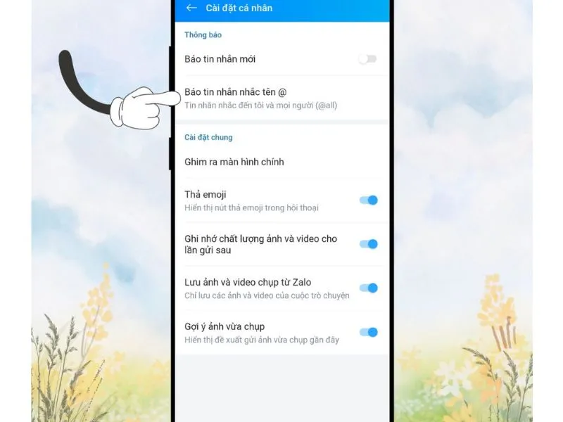 Cách tắt thông báo tag all trên Zalo vào mục Thông báo