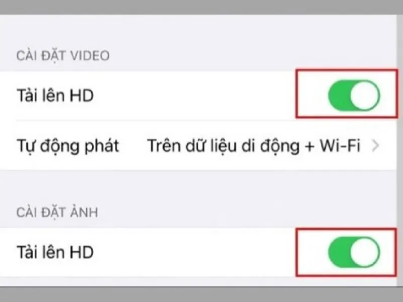 Bật tính năng tải lên HD