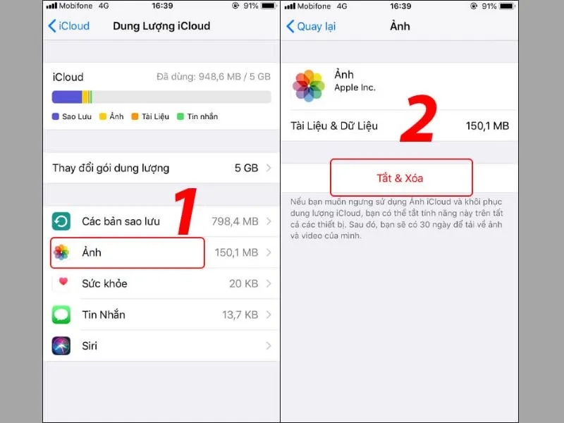 Chọn Ảnh > Tiếp tục chọn Tắt & Xóa