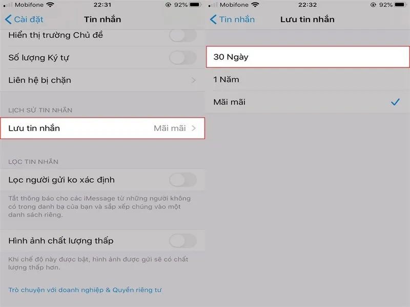 Thiết lập chế độ xóa tin nhắn cũ tự động nếu bạn không muốn xóa thủ công