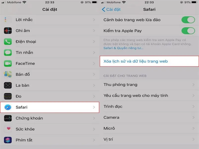 Vào Cài đặt > Safari để “Xóa lịch sử và dữ liệu trang web”