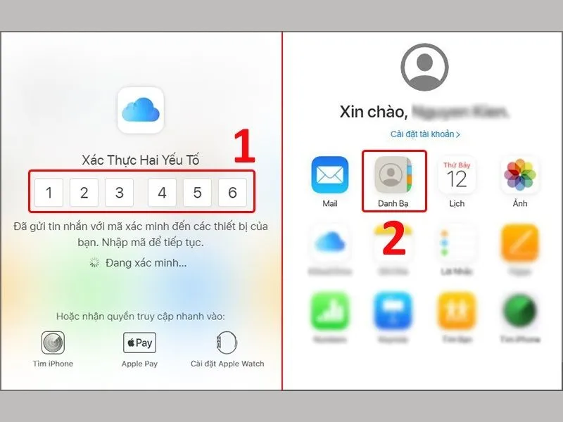 Xác thực tài khoản để có Cách xóa danh bạ trên iCloud