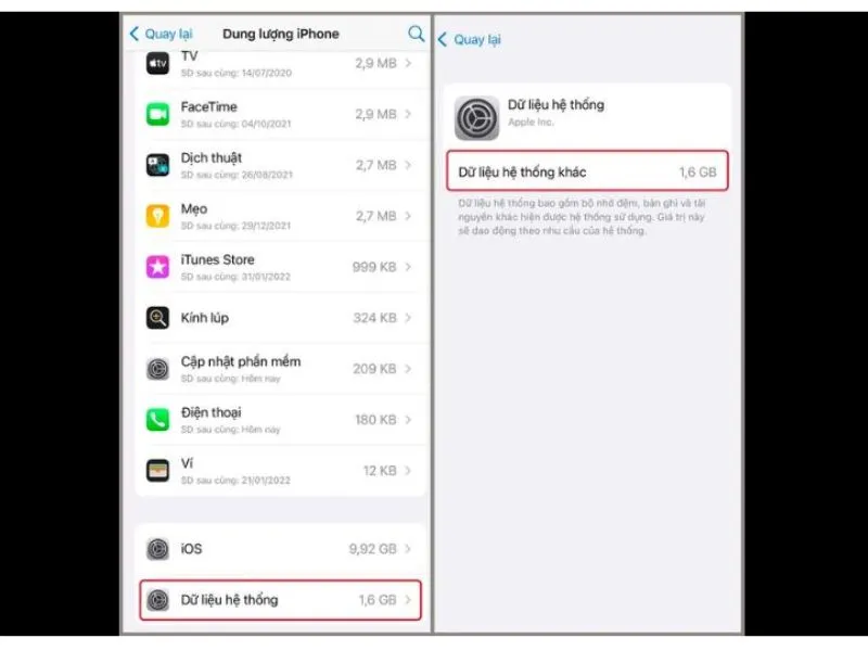 Xuất hiện chi tiết dung lượng sau đó thực hiện Cách xóa dữ liệu hệ thống trên iPhone