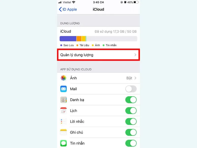 Chọn tiếp vào Quản lý dung lượng
