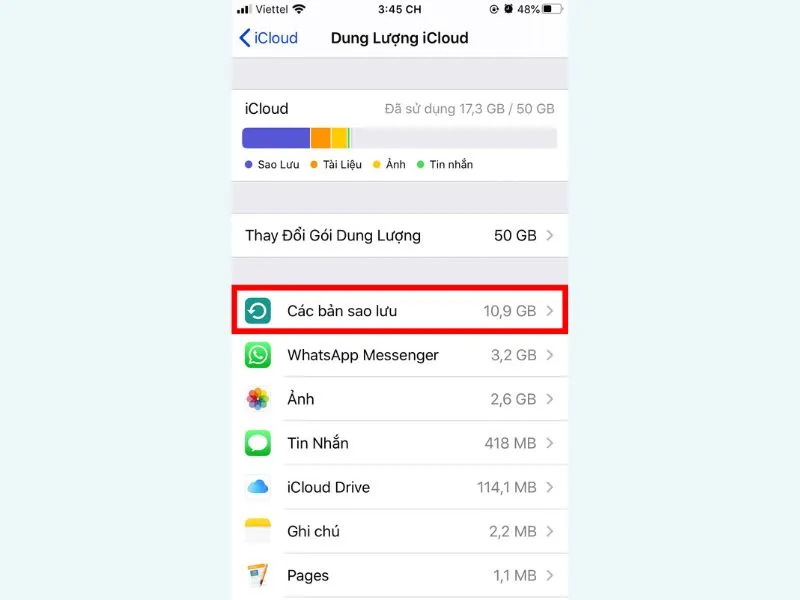 Chọn vào Các bản sao lưu