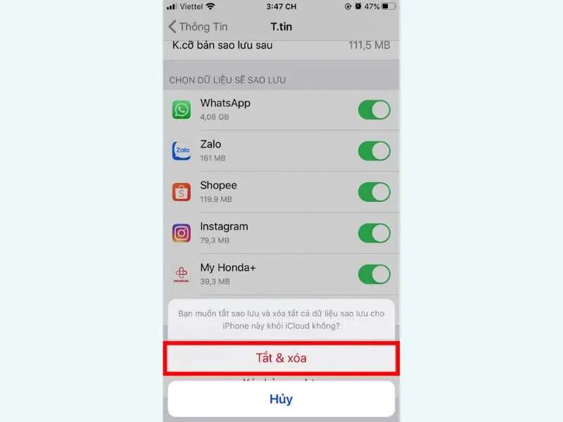 Nhấn tắt và xóa để hoàn tất cách xóa dữ liệu trên iCloud