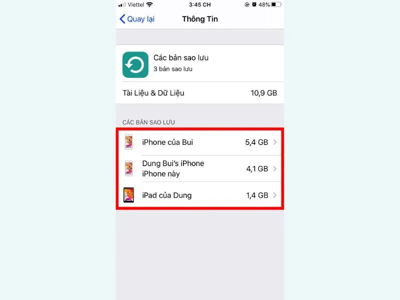 Chọn bản sao lưu muốn xóa