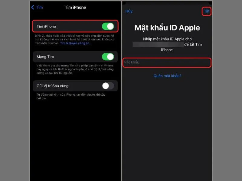 Nhập mật khẩu để tắt Tìm iPhone