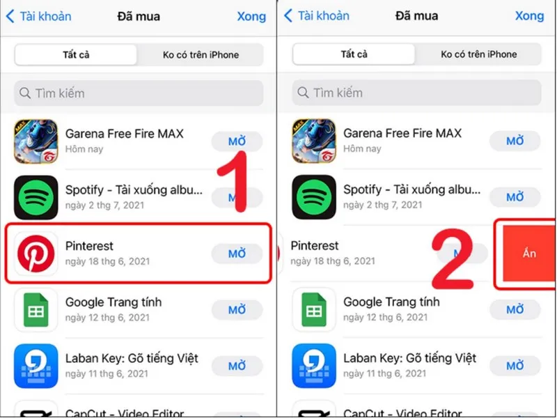 Nhấn chọn ứng dụng mà bạn muốn xóa khỏi lịch sử mua hàng
