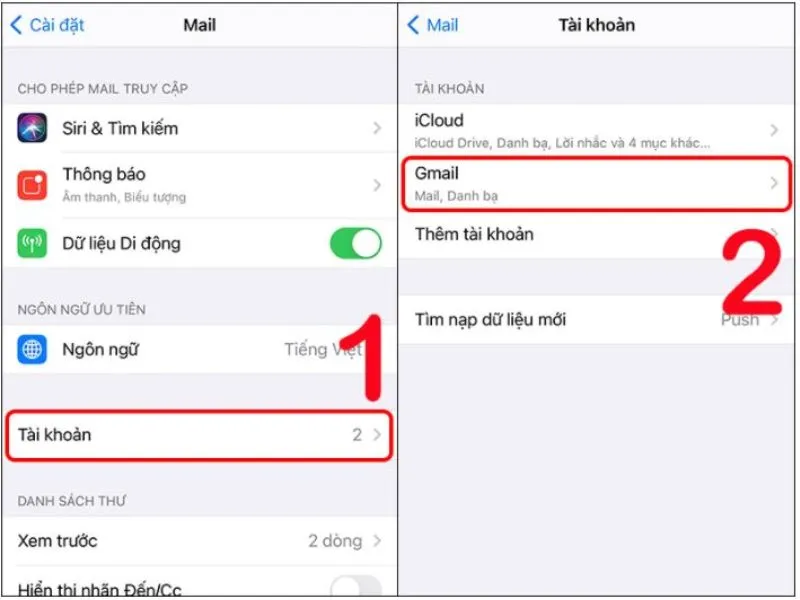 Chọn tài khoản trong mục Mail