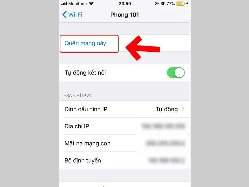 Nhấn “Quên mạng này” và thực hiện chia sẻ lại từ đầu