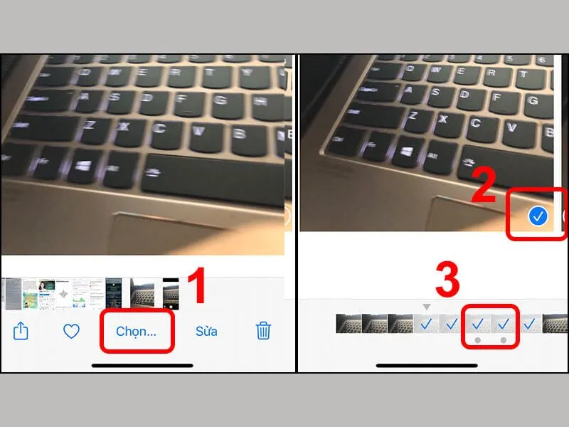 Nhấn Chọn > Tick vào chấm tròn ở góc phải những bức ảnh mà bạn muốn giữ lại