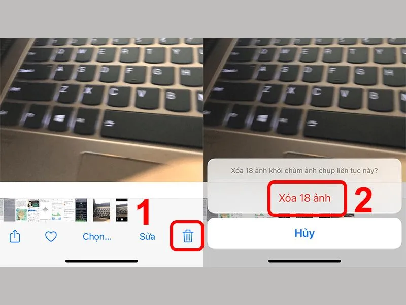 Nhấn vào biểu tượng thùng rác và chọn “Xóa” để xóa toàn bộ ảnh