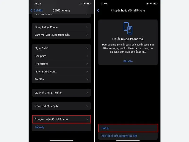 Chọn chuyển hoặc đặt lại iPhone