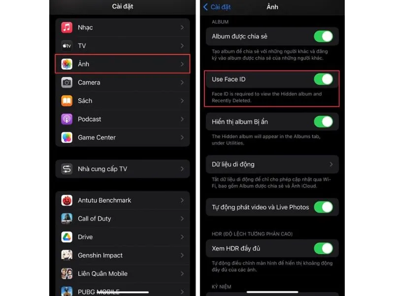 Sử dụng thanh gạt để mở tính năng Face ID