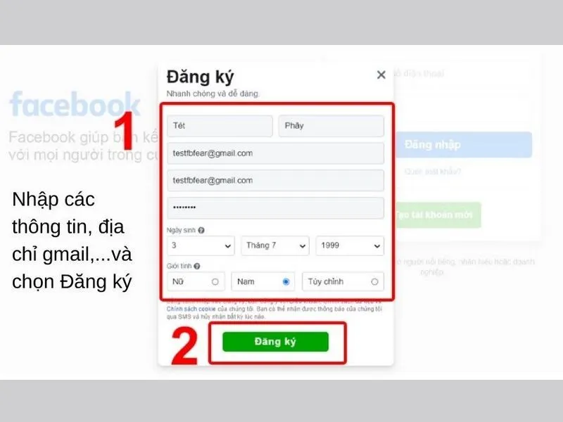 Điền thông tin để hoàn tất quy trình Đăng ký Facebook bằng Gmail