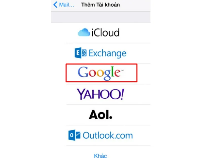 iCloud, Exchange, Google, Yahoo, AOL, Outlook.com và Khác. 
