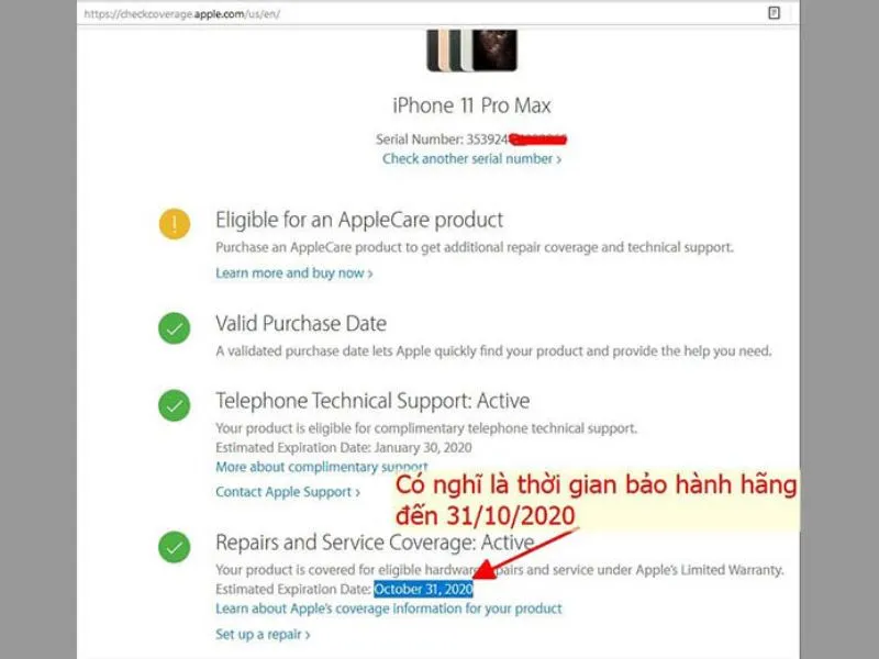 Kết quả sau khi tra cứu thiết bị bằng Địa chỉ web check iMei iPhone uy tín
