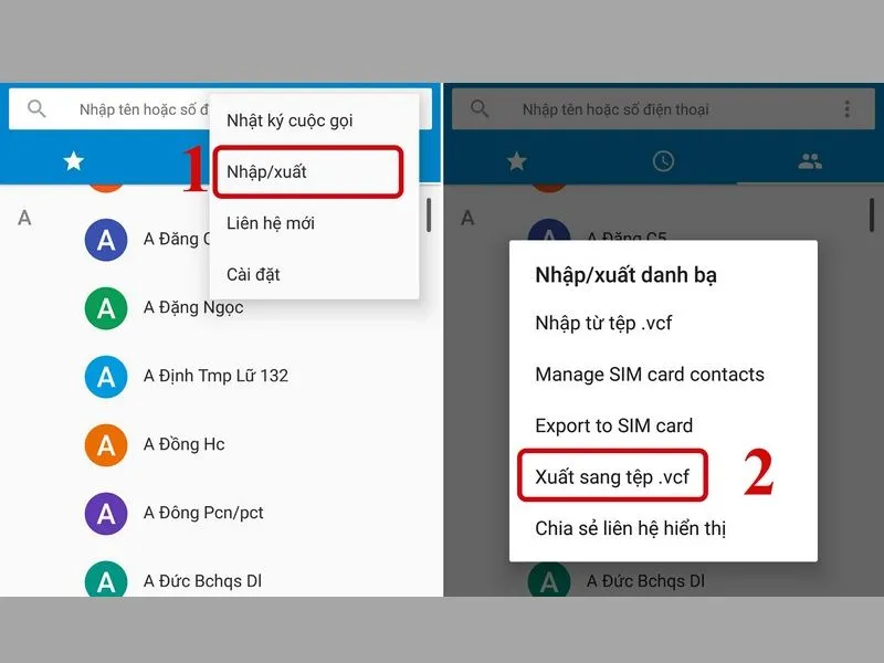 Chọn chức năng xuất danh bạ từ Android sang dạng tệp .vcf