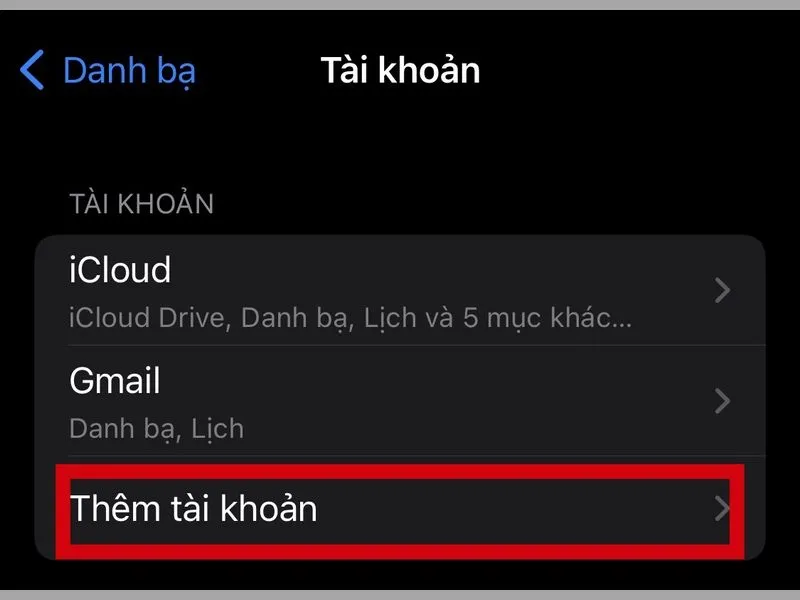 Đồng bộ danh bạ từ iPhone lên Gmail trong mục Thêm tài khoản