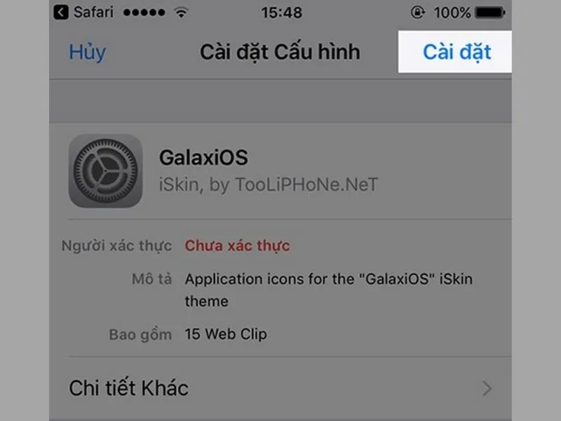 Nhấn cài đặt để tiếp tục