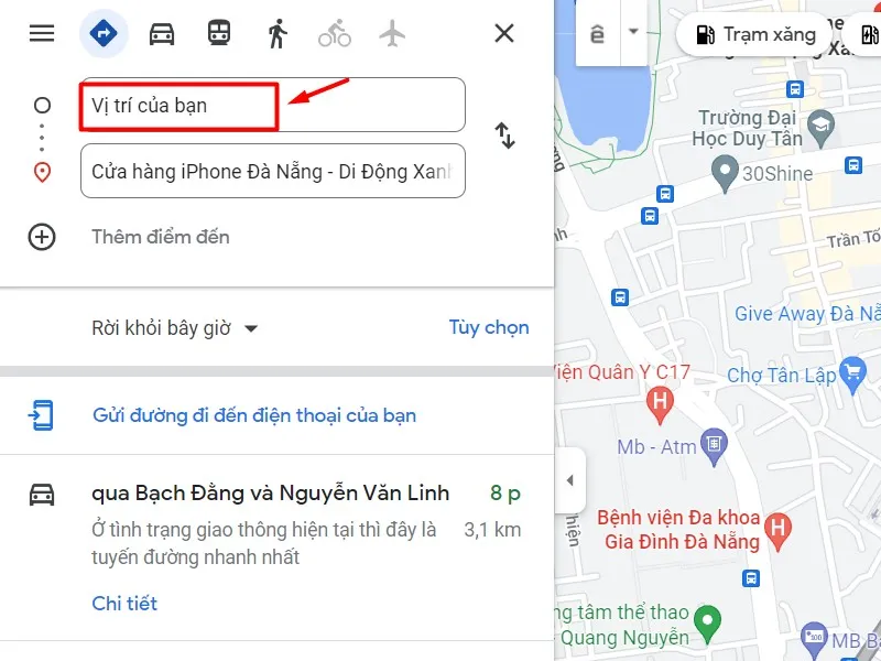 Lựa chọn vị trí khởi hành của bạn