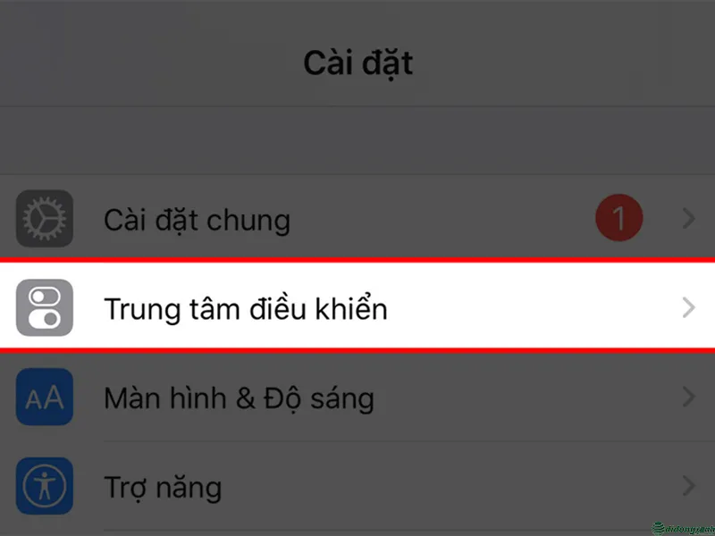 Vào trung tâm điều khiển để thiết lập